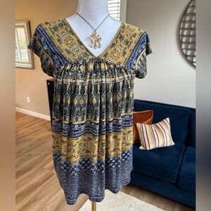 Lucky Brand Boho Pineapple Tiki Print V Neck flutter Cap Sleeve Top